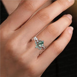 Sterling Silver Pear Natural Moss Agate Engagement Ring Set Wedding Ring