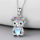 Highland Cow Necklace 925 Sterling Silver Cow Moonstone Pendant Colored Cubic Zirconia Cow Animal Jewelry for Women