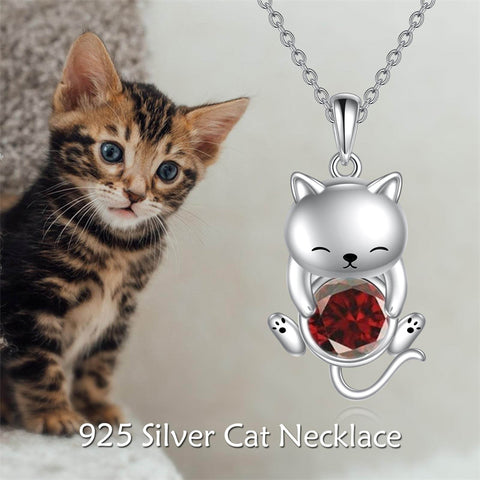 Silver Cat 12 Month Birthstone Pendant Necklace