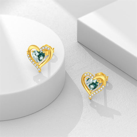 10K 14K 18K Gold Heart Moss Agate Heart Stud Earrings