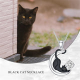 Sterling Silver Birthstone Moon Black Cat Pendant Necklace