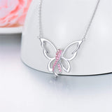 Sterling Silver Breast Cancer Awareness Cross Butterfly Dragonfly Pendant Necklace