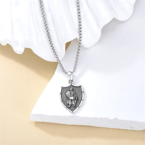 Sterling Silver Knights Templar & Cross Shield Pendant Necklace for Men