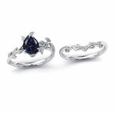 Sterling Silver 10K 14K 18K Gold 1ct Pear Shaped Gemstone Deco Vine Leaf Gemstone  Engagement Ring Wedding Ring Sets