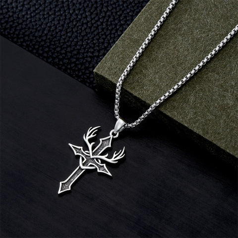 Sterling Silver  Deer_Antler Cross Pendant Necklace