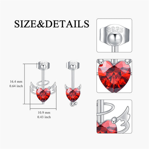 Sterling Silver CZ Heart Demon Angel Stud Earrings