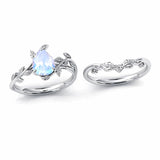 Sterling Silver 10K 14K 18K Gold 1ct Pear Shaped Gemstone Deco Vine Leaf Gemstone  Engagement Ring Wedding Ring Sets