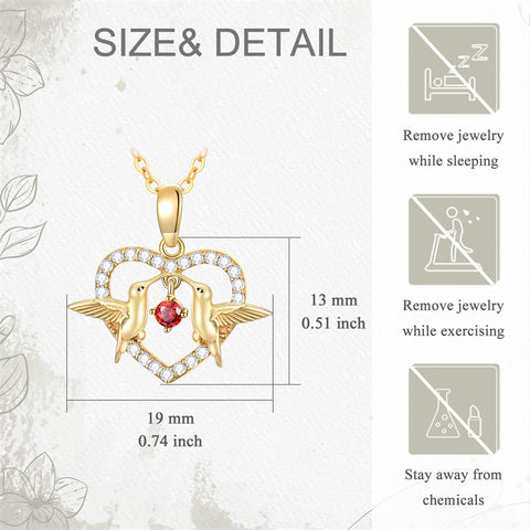 14K Gold Heart Necklace for Women, Real Yellow Gold Hummingbird Heart Pendant Necklace with Dancing Ruby, for Girls Ladies Mom Sisters