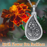 Sterling Silver Personalized Engraved Teardrop Birth Flower Urn Necklace for Ashes