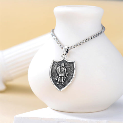 Sterling Silver Knights Templar & Cross Shield Pendant Necklace for Men