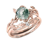 10K 14K 18K Gold Heart Shaped Natural Moss Agate Engagement Ring Set