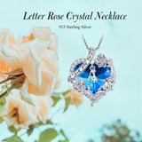 Sterling Silver  Blue Heart Crystal Initial A-Z Letter Rose Pendant Necklace Engraved with  I Love You Forever