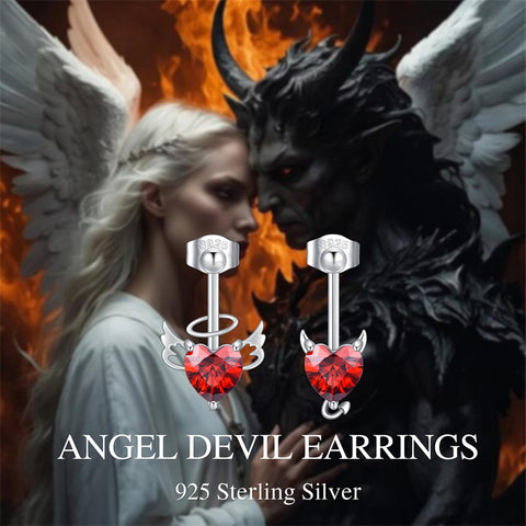 Sterling Silver CZ Heart Demon Angel Stud Earrings