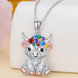 Highland Cow Necklace 925 Silver Highland Cow Birthstone Pendant Necklace Animal Jewelry Gift for Wife Women Daughter Birthday Gifts Animal Lover