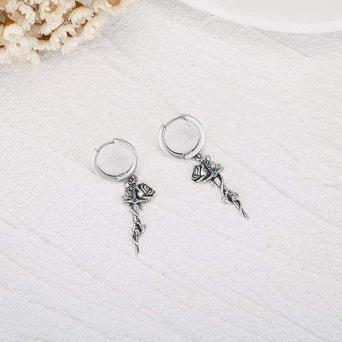 Sterling Silver Rose Sword Hoop Earrings