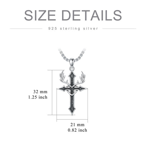 Sterling Silver  Deer_Antler Cross Pendant Necklace