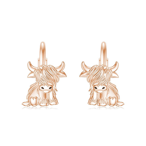 10K 14K 18K Solid Gold Highland Cow Leverback Earrings