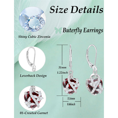 Sterling Silver Heart Birthstone Butterfly Leverback Earrings