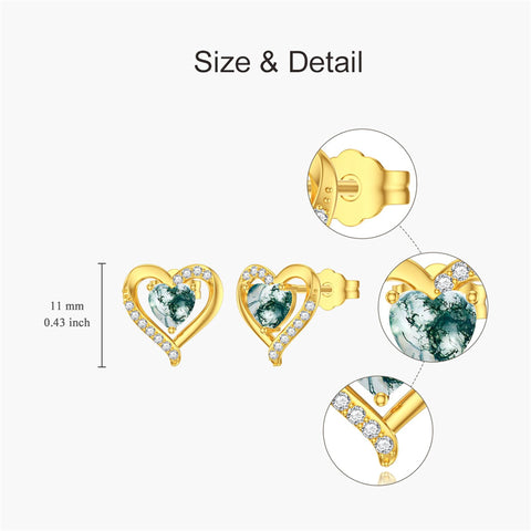 10K 14K 18K Gold Heart Moss Agate Heart Stud Earrings