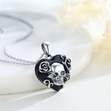 Sterling Silver Heart Crystal Shaped Rose & Skull  Pendant Necklace