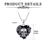 Sterling Silver Heart Crystal Shaped Rose & Skull  Pendant Necklace