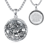 Sterling Silver Round Saint Christopher Pendant Necklace with Engraved Word for Men