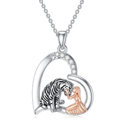 Sterling Silver Tiger and Girl Pendant Necklace