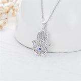 Sterling Silver Hamsa Fatim Blue Eye Pendant  Necklace